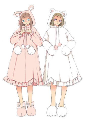 Super Cute Rabbit & Bear Girls Lolita Soft Fleece Pink Sleep Dress Kawaii Gown Vintage Princess Hooded Nightgowns