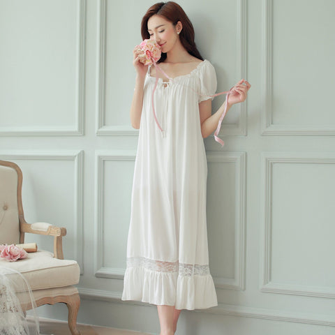Hot Womens Long Sleeping Dress White Nightgown Short Sleeve Summer Nightdress Elegant Vintage Nightgowns Home Dress For Sleeping