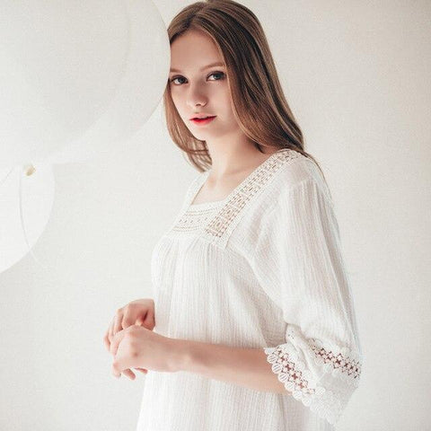 New European American womens elegant princess nightgowns womens vintage sleepwear summer palace sweet sleeping home dress white