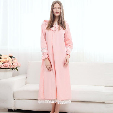 Hot Womens Pink Vintage Nightdress Long Sleeve Female Sleepwear Princess Home Sleeping Dress Cotton Nightgowns For Ladies Lounge