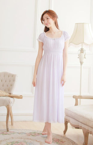 Free Shipping Classical Vintage Princess Chiffon and Modal Long Nightgown White and Purple Nightshirt Summer Sleepwear