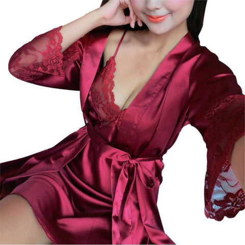 2 Pcs Lingerie Set Women Silk Pajamas Sexy Lace Robe Sets  Lady Nightgown Sleepwear A7 A8