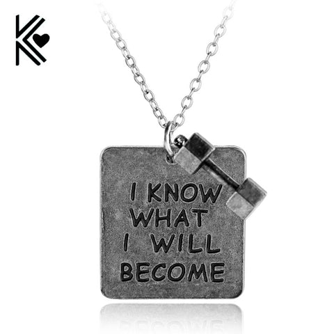 Dumbbell "I KNOW WHAT I WILL BECOME" Weight Plate Kettlebell Me Fitness Bodybuilding Charm PATIENCE Pendants Necklace