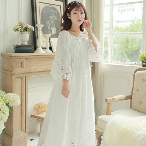 Vintage Dress Cotton White Long Dress Women Rococo Nightgown Sleepwear basicutensils