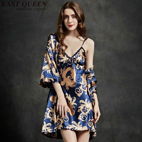 sexy ladies nightwear silky sleepwear female nightgowns women nightwear vintage floral print nightdress two piece set NN0671 YQ