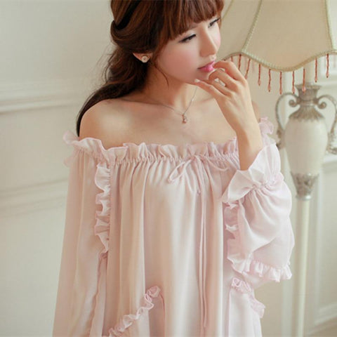 Womens Beautiful Nightgowns Sweet Long Sleeve Pink Nightgown Ladies Home Dress Lounge Ruffles Vintage Nightgowns Off-shoulder