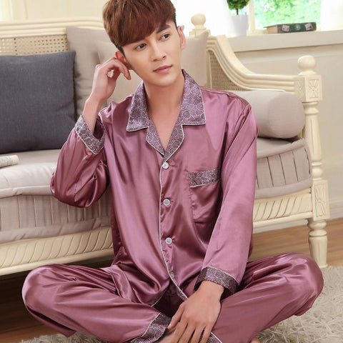 Spring autumn male sleepwear men silk pajama sets long-sleeve pajamas thin lounge nightgown brand fashion casual