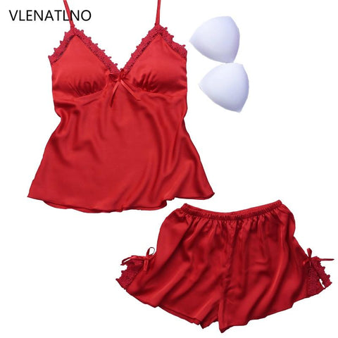 VLENATLNO Ladies Sexy Silk Satin Pajama Set Sleeveless Pyjamas Femme V-neck Sleep Set Lace Pijama Set Summer Sleepwear For Women