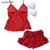 VLENATLNO Ladies Sexy Silk Satin Pajama Set Sleeveless Pyjamas Femme V-neck Sleep Set Lace Pijama Set Summer Sleepwear For Women