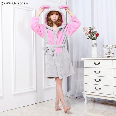 Unisex Gray Rabbit Gown Cartoon Robes Women Nightgown Long Sexy robe Animal Sleep Robe femme homewear Bathrobe