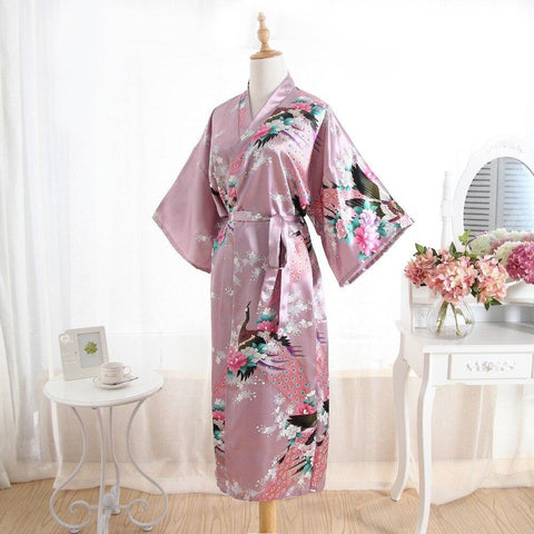 Vintage Pink Women's Long Satin Robe Kimono Gown Bridesmaid Wedding Sexy Nightgown Novelty Print Bath Sleepwear One Size T068