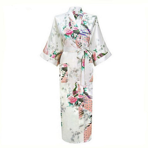 White Chinese Female Sexy V-neck Robes Rayon Silk Sleepwear Long Printed Nightgown Wedding Bride Robe Plus Size S To XXXL NR026