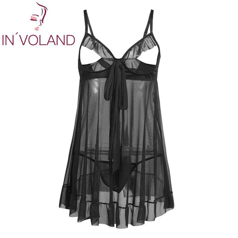 IN'VOLAND Plus Size Women Sexy Lingerie Dress Sleepwear 4XL Cupless Ruffled Sheer Babydoll Set Nightgowns Sleepshirt With Thongs
