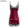 Women's Sleepwear Sexy Satin Pajama Set Black Lace V-Neck Pyjamas Sleeveless Cute Cami Top and Shorts