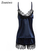 Women's Sleepwear Sexy Satin Pajama Set Black Lace V-Neck Pyjamas Sleeveless Cute Cami Top and Shorts