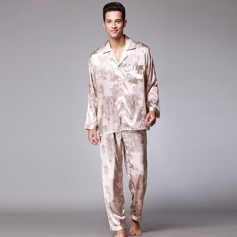 SSH005 New Fashion Men Pajamas Satin Silk Long Sleeves Pants 2PCS Pajama Set Spring Autumn High Quality Nightgown Male Sleepwear
