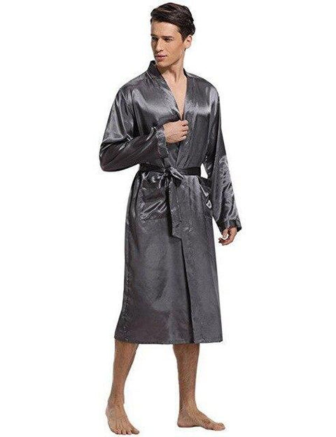 New Black Men Satin Rayon Robe Gown Solid Color Kimono Bath Nightwear Lounge Casual Male Nightgown Sleepwear Home Wear