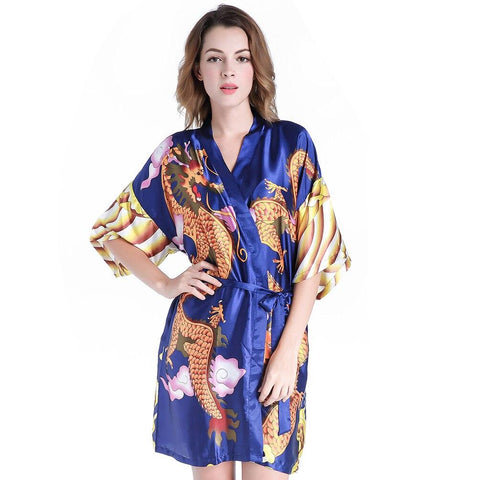 Blue Bat-wing Sleeve Satin Kimono Robe Gown Novelty Dragon Women Kaftan Nightgown Ladies Vintage Sexy Sleepwear One Size JA036
