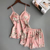QWEEK Sleep Lounge Pajama Set Sexy Satin Sleepwear Women Summer Pyjama Femme Fashion Flower Pajamas for Women with Chest Pad