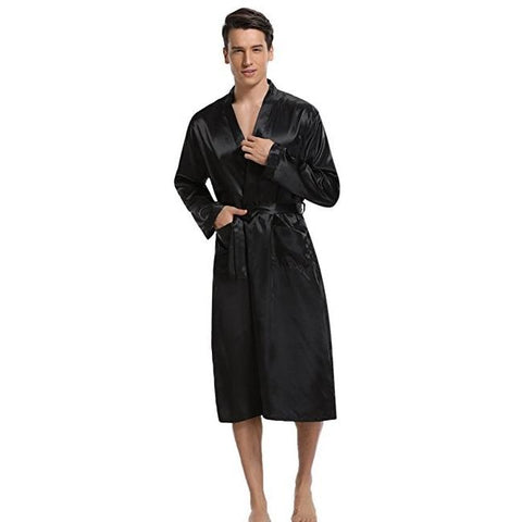 New Black Chinese Men Satin Rayon Robe Gown Solid Color Kimono Bath Gown Lounge Casual Male Nightgown Sleepwear Home Wear