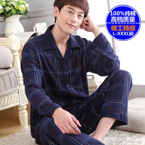Male sleepwear 100% plus size cotton pajamas long-sleeve men autumn  winter pajama sets lounge set nightgown
