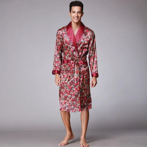 Spring Autumn Chinese Male Satin Bathrobe Robe Long Sleeve Pajamas Vintage Print Nightgown Sleepwear Kimono Gown Home Wear