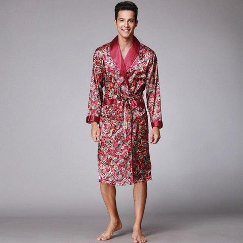 Spring Autumn Chinese Male Satin Bathrobe Robe Long Sleeve Pajamas Vintage Print Nightgown Sleepwear Kimono Gown Home Wear