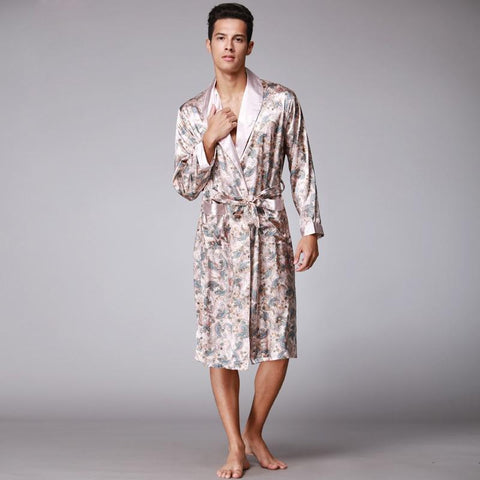 Chinese Men Satin Bathrobe Robe Long Sleeve Pajamas Vintage Print Nightgown Sleepwear New Novlety Kimono Bath Gown Nightgown