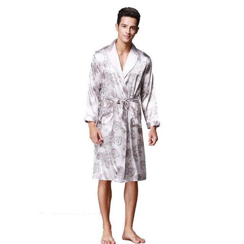Spring Men Kimono Robe Gown Long Sleeve Satin Print Dragon Nightwear Bathrobes Nightgown Loose Causal Sleepwear Nightgown