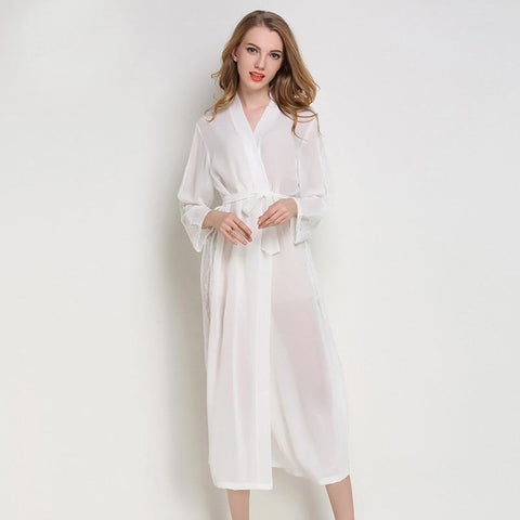 Hot Lady Chiffon Nightgown Bride Wedding Robe Soft Satin Sleepwear Sexy Long Perspective Nightdress Casual Kimono Gown One Size