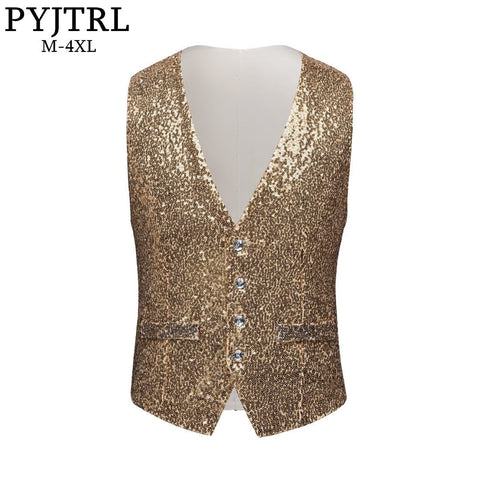 PYJTRL Men Paillette Waistcoat Luxurious Gold Silver Red Blue Full Sequins Wedding Groom Vest Gilet Homme DJ Bar Singers Costume