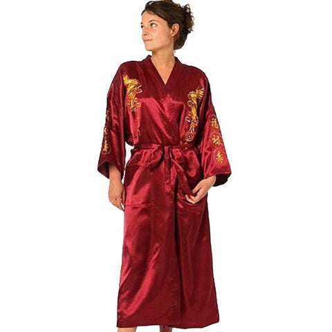 Burgundy Silk Embroidery Dragon Kimono Bathrobe Gown Women Sexy Satin Robe Long Nightgown Size S M L XL XXL XXXL BR040