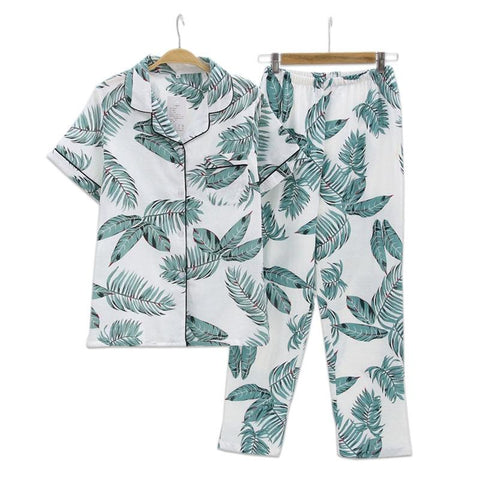 Fresh leaf pyjamas women 100% gauze cotton short sleeve trousers Korea pajamas mujer homewear women sleepwear