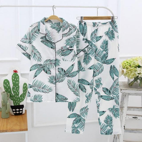 Fresh leaf pyjamas women 100% gauze cotton short sleeve trousers Korea pajamas mujer homewear women sleepwear