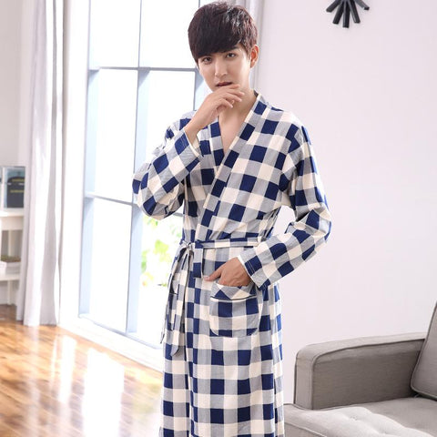 Free Shipping Men Bathrobe Long Sleeve Nightgown 100%Cotton Bathrobe Big Size L-XXXXL Men's  Nightwear