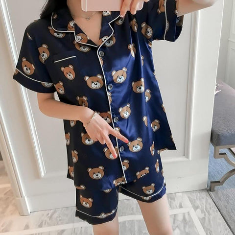 Printing 2018 Summer WAVMIT Short Sleeve Silk Pajamas Set Two Pieces Set Women Sleepwear Sexy Nightwear for Women Sleeping set