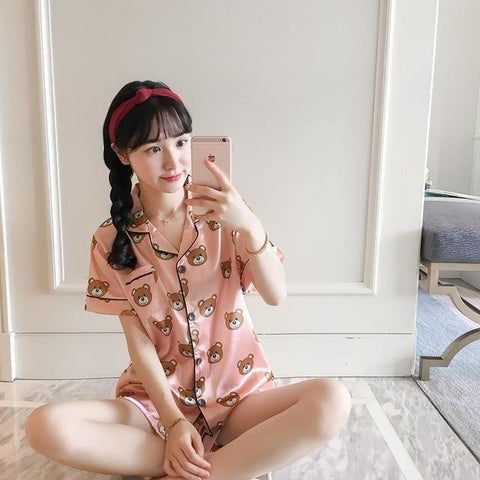 Printing 2018 Summer WAVMIT Short Sleeve Silk Pajamas Set Two Pieces Set Women Sleepwear Sexy Nightwear for Women Sleeping set