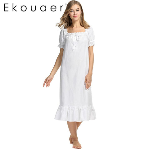 Ekouaer Vintage Summer Nightgown Cotton Women Nightwear Short Sleeve Solid White Sleeping Dress Ladies Home Clothes Sleepwear