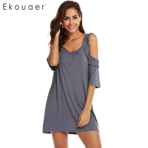 Ekouaer Nightgown Women Sleepwear Short Sleeve Casual Solid O-Neck Cold Shoulder Ruffles Vintage Nightdress Homewear Dress