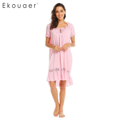 Ekouaer Vintage Nightgowns Women Casual Lace Patchwork Ruffles Brims Nightgown Sleepwear Lingerie Dress Sleepshirts Female Cloth