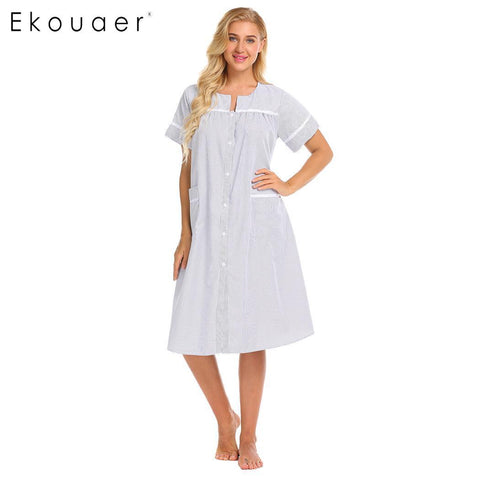 Ekouaer Vintage Nightgown Women Sleepwear Nightdress Button Down Short Sleeve Striped House Dress Female Nightwear Nightie Dress