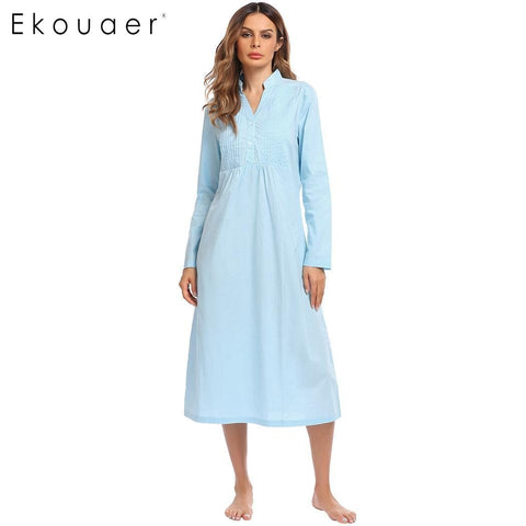 Ekouaer Vintage Long Nightgown Womens 100% Cotton Nightdress V-NeckLong Sleeve Pleated Sleep Wear Soft Night Dress