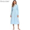 Ekouaer Vintage Long Nightgown Womens 100% Cotton Nightdress V-NeckLong Sleeve Pleated Sleep Wear Soft Night Dress