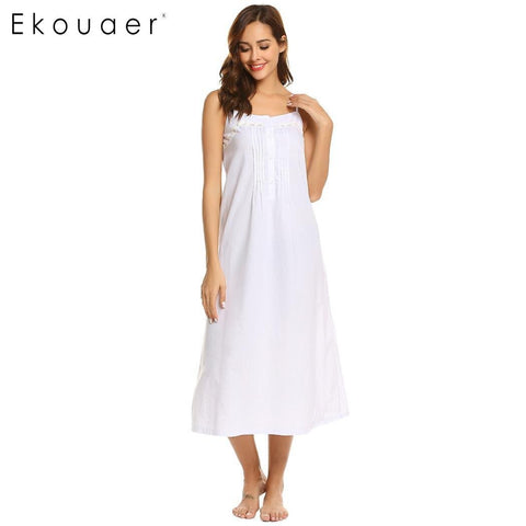 Ekouaer Women Vintage Nightgowns Sleepshirts Casual Sleeveless Adjustable Button Lace Spaghetti Straps Nightwear Night Dress