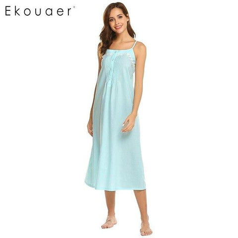 Ekouaer Women Vintage Nightgowns Sleepshirts Casual Sleeveless Adjustable Button Lace Spaghetti Straps Nightwear Night Dress