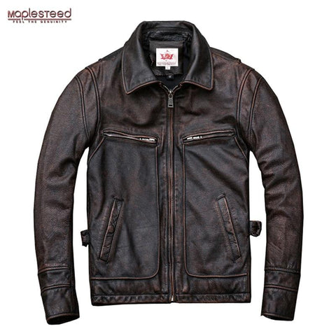 MAPLESTEED Brand Amekaji Motor Biker Style Men Leather Jacket Black Red Brown Cowhide Vintage Jackets Men Winter Coat 5XL M100