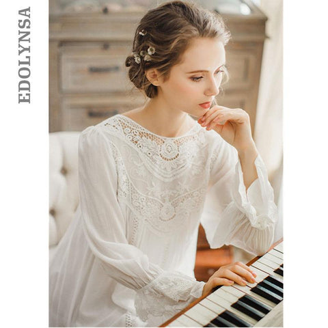 Women Sleepwear Lace Long Sleeves Vintage Princess Sleep Lounge Dress Light Blue Elegant Summer Cotton Nightgowns Plus Size T25