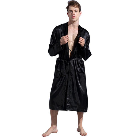 Fashion Simple Solid Color Pockets Long Sleeve Men's Bathrobe Loose Sleepwear Nightgown Robe