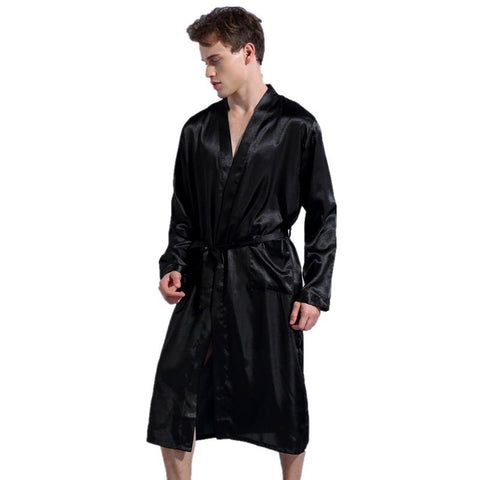 New Black Men's Satin Rayon Robe Gown Solid Color Kimono Bath Gown Lounge Casual Male Nightgown Sleepwear Home Wear S M L XL XXL