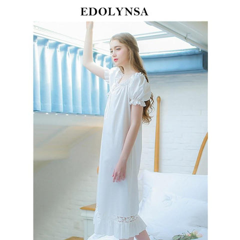 Summer Sleep Lounge White Cotton Sleepwear Female Home Dress Lace Long Princess Vintage Nightgown Women Sleeping Dress #P154